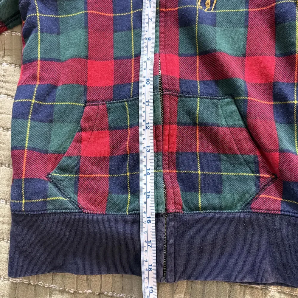 RALPH LAUREN Boys M (8/10) Tartan Full‎ Zip Hoodie Gold Logo Preppy Quiet Luxury